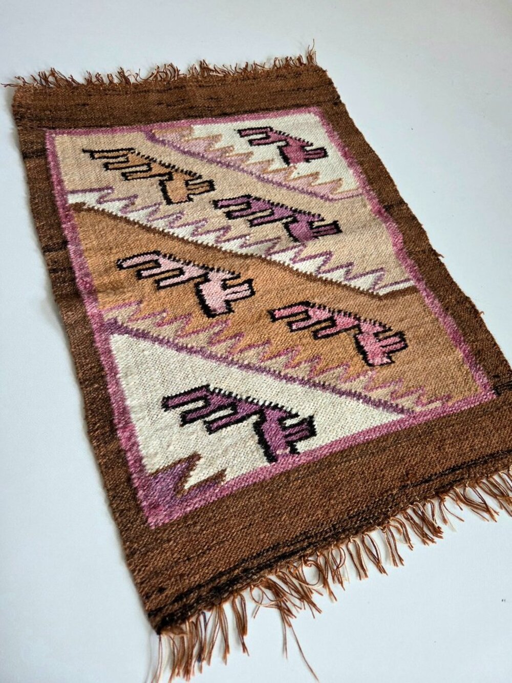Small Wool Mexican Handmade Tapestry Rag Geometric Design